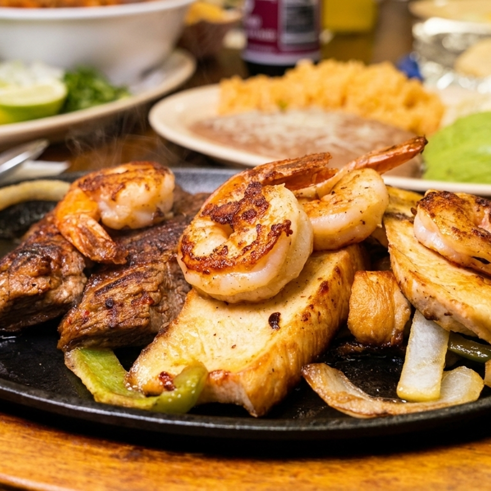 Sizzling fajita platter with grilled shrimp, steak, chicken, peppers, onions, rice, beans, lettuce, and lime.