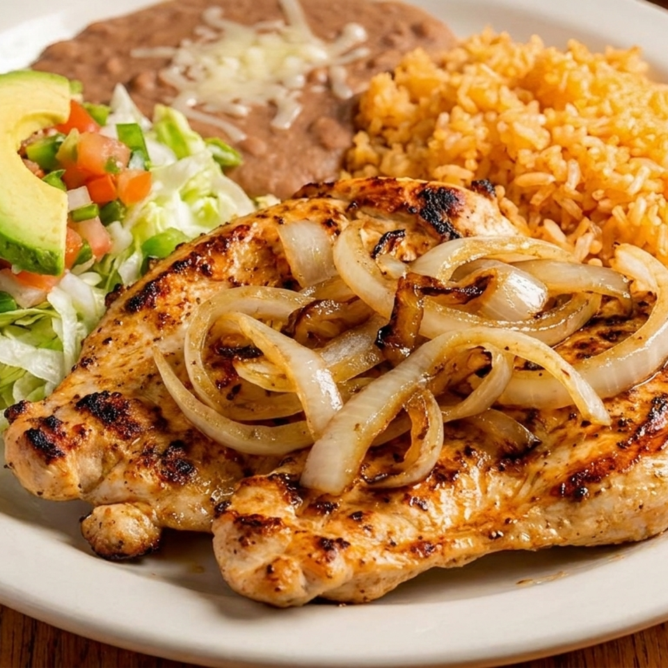Grilled chicken topped with sautéed onions, served with Mexican rice, refried beans, avocado salad, and pico de gallo.