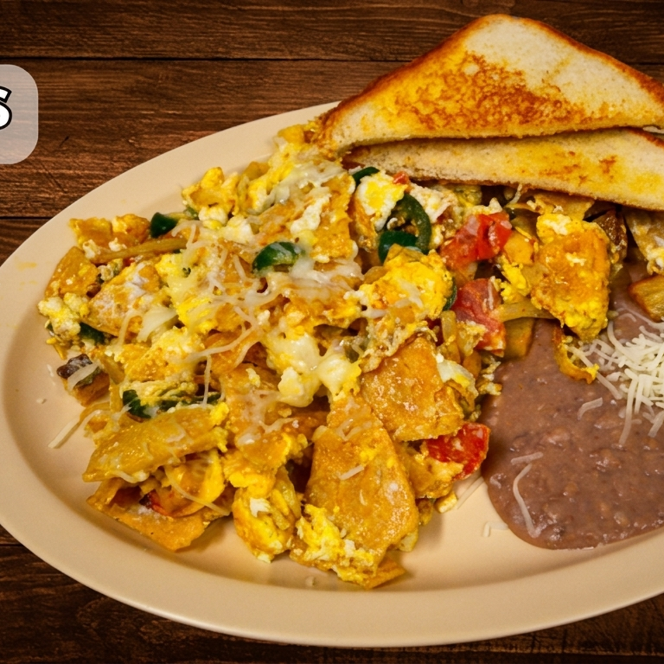Plate of migas with scrambled eggs, tortilla chips, vegetables, melted cheese, refried beans, and toasted bread.