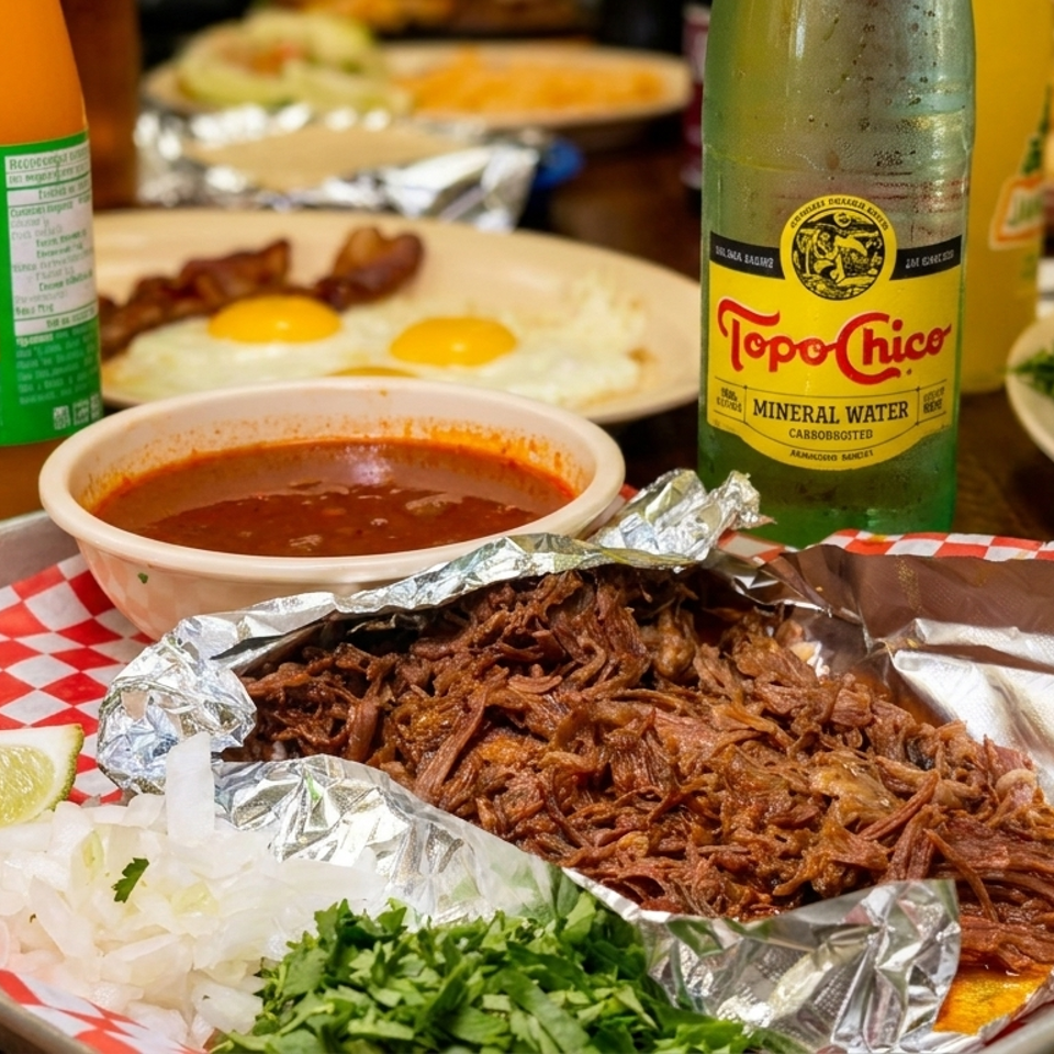 Mexican restaurant spread featuring shredded beef, lime, onion, cilantro, red salsa, fried eggs, chips, and Topo Chico water.
