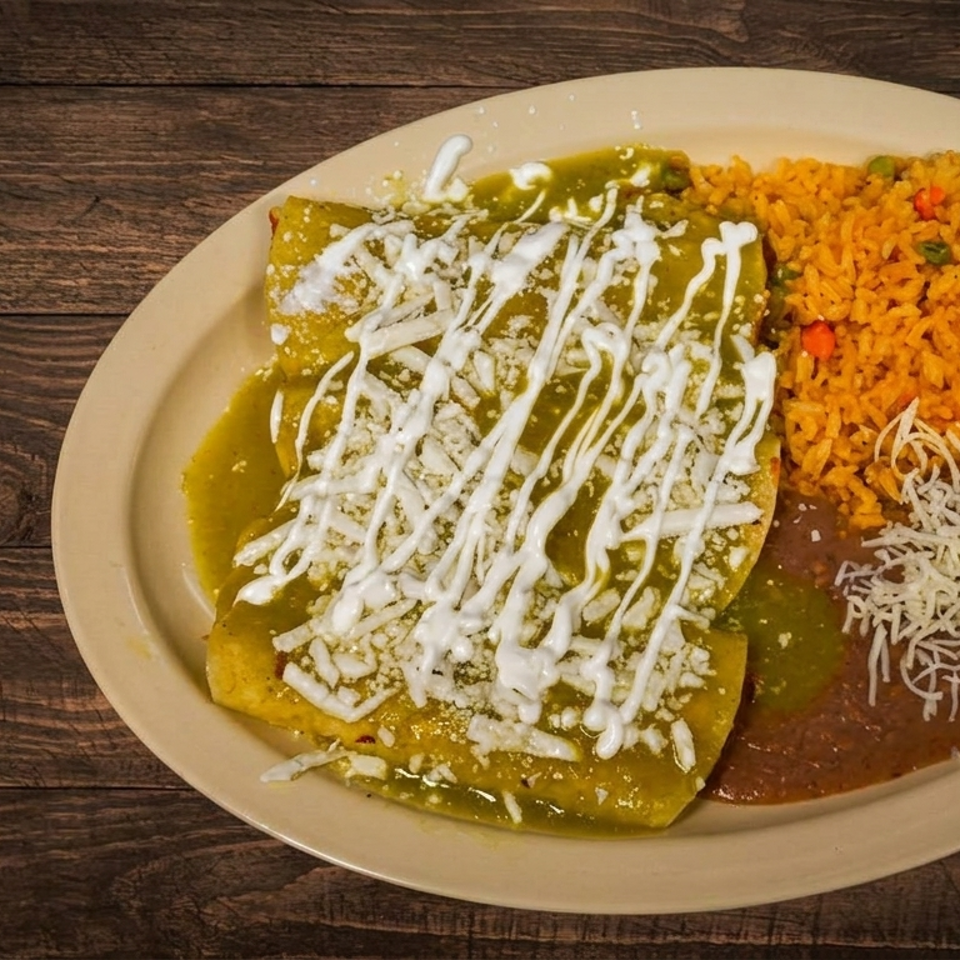 Mexican platter with green-sauce enchiladas topped with crema and cheese, served alongside rice and refried beans.