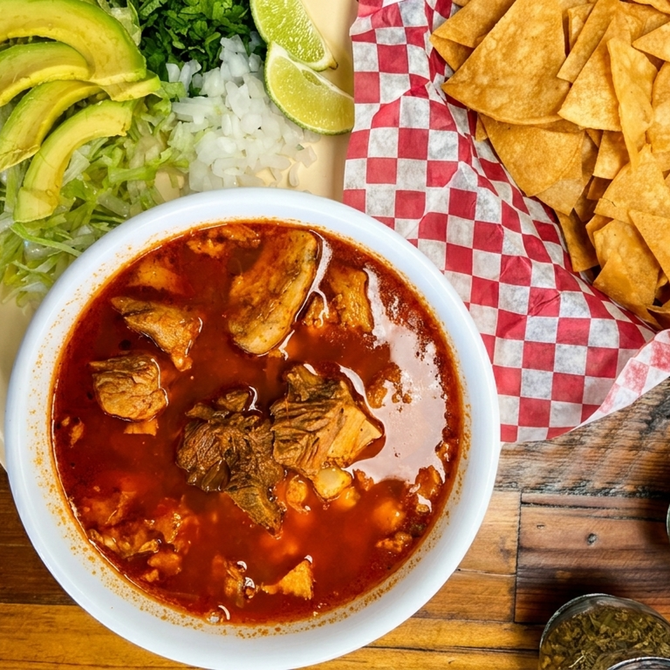 Bowl of rich red Mexican stew with meat, avocado salad, lime wedges, and tortilla chips on a wooden table.