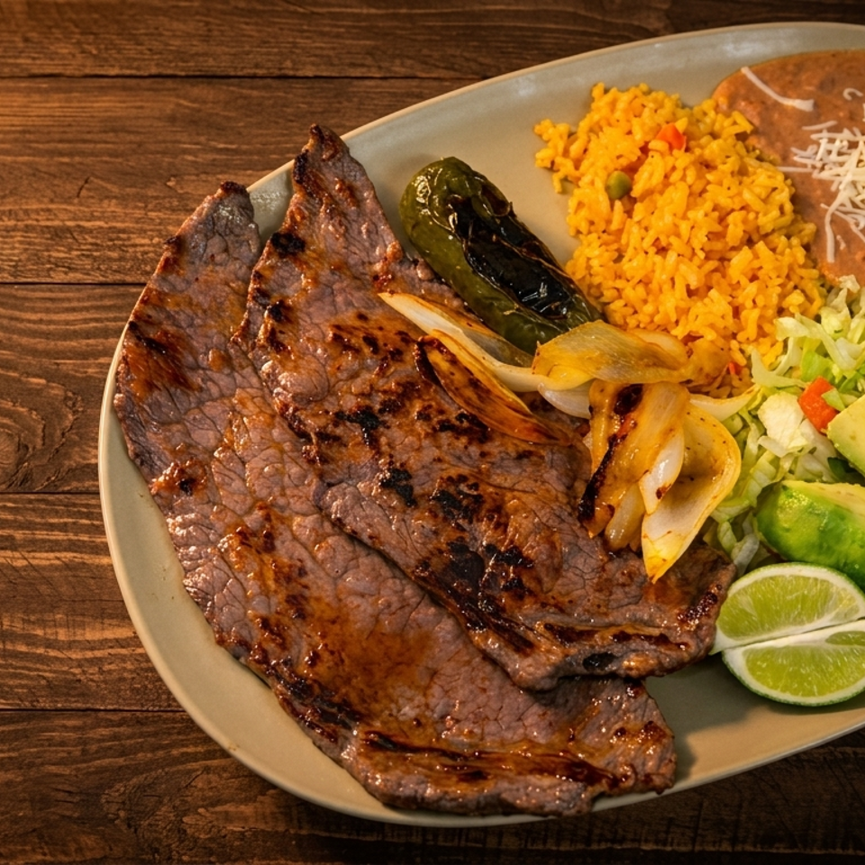 Grilled steak plate with Mexican rice, refried beans, salad, avocado, roasted vegetables, and lime wedges on a wooden table.