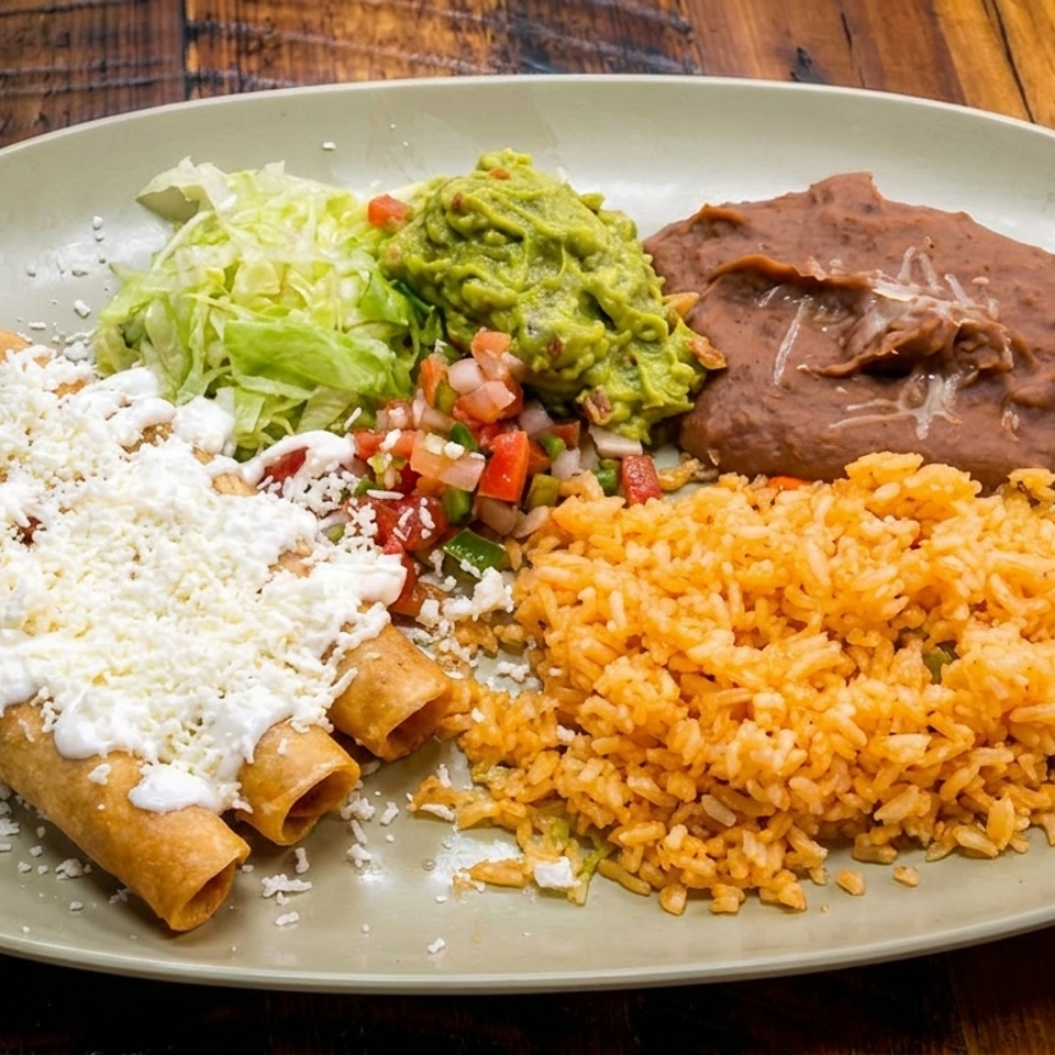 Mexican platter with cheese-covered taquitos, rice, refried beans, guacamole, lettuce, and pico de gallo on a wooden table.