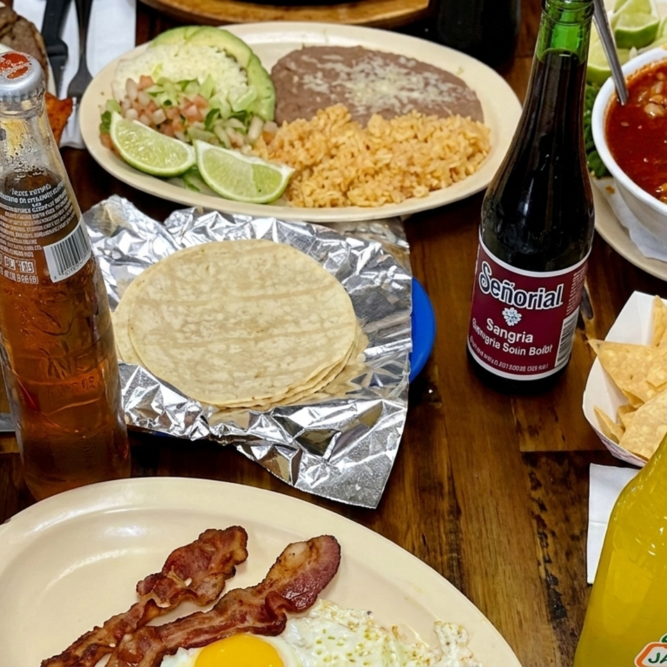 Mexican restaurant table spread with tacos, rice, beans, eggs, bacon, pozole, tortilla chips, lime, and bottled drinks.