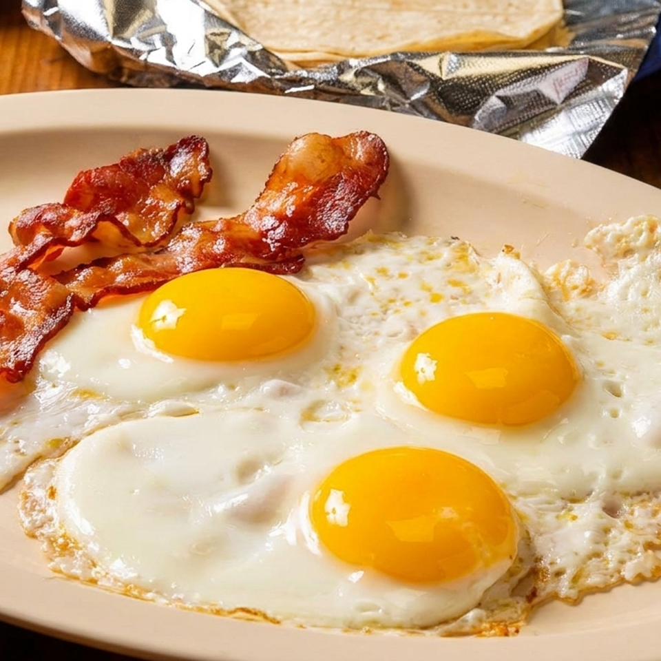 Plate of three sunny-side-up eggs and crispy bacon beside tortillas and a bottle of Señorial sangria soda.