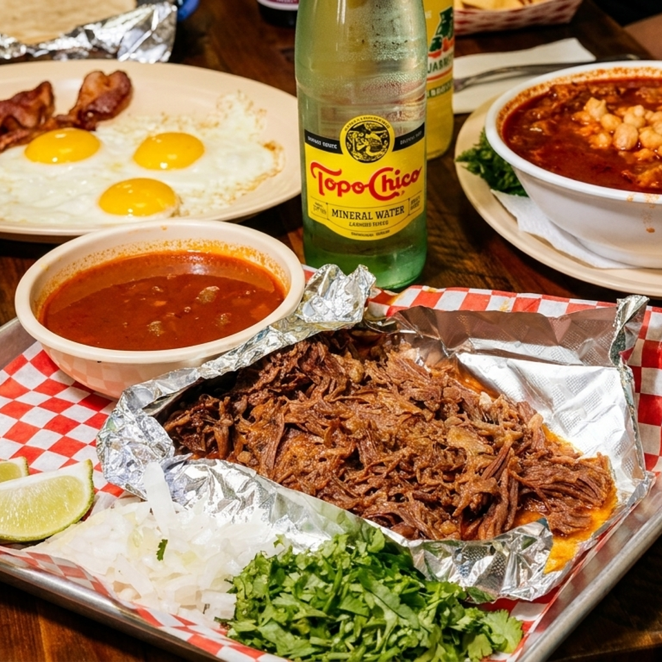 Mexican restaurant spread featuring crispy shredded meat, red soups, fried eggs with bacon, lime, cilantro, Jarritos, Topo Chico, and Coca-Cola.