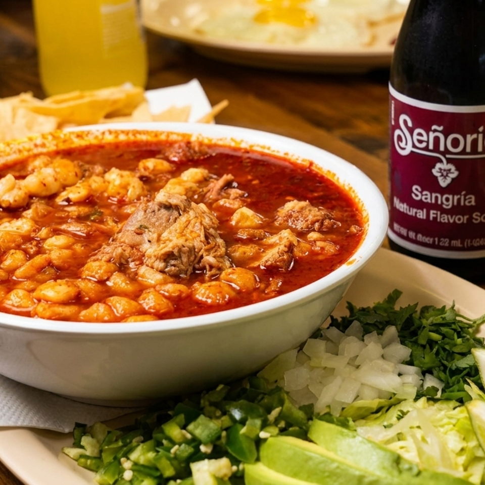Bowl of red Mexican pozole garnished with hominy and pork, surrounded by lime, cilantro, onion, tortilla chips, and Mexican soda.